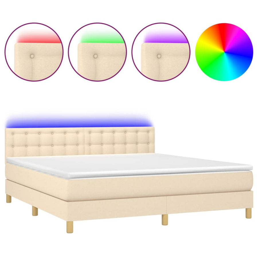 Boxspring Met Matras En Led Stof Crèmekleurig 180X200 Cm 180 x 200 cm Knopen
