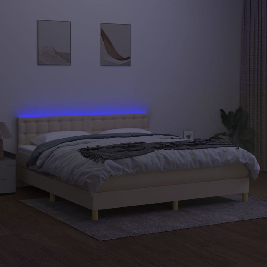 Boxspring Met Matras En Led Stof Crèmekleurig 180X200 Cm 180 x 200 cm Knopen
