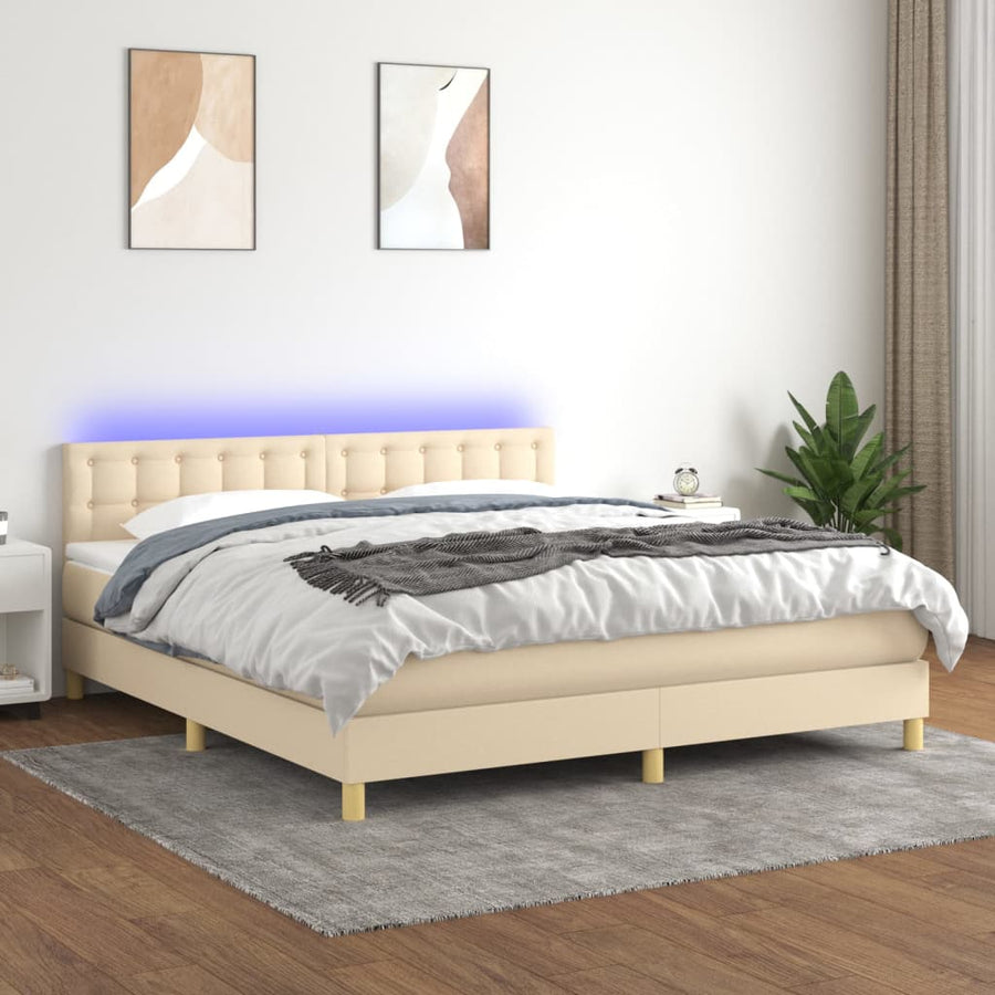 Boxspring Met Matras En Led Stof Crèmekleurig 180X200 Cm 180 x 200 cm Knopen