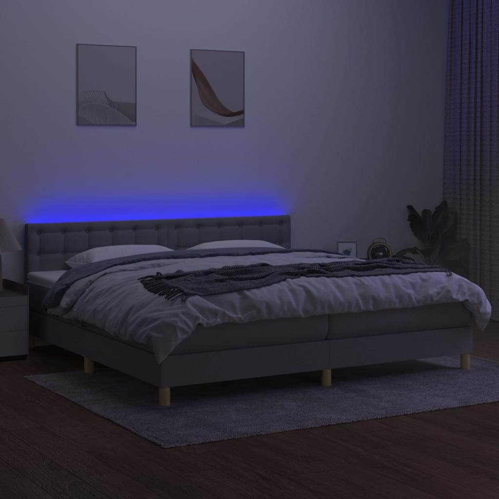Boxspring met matras en LED stof lichtgrijs 200x200 cm 200 x 200 cm Knopen