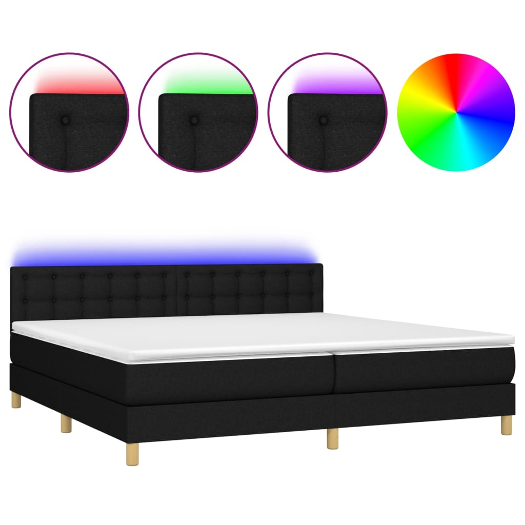 Boxspring met matras en LED stof zwart 200x200 cm 200 x 200 cm Knopen