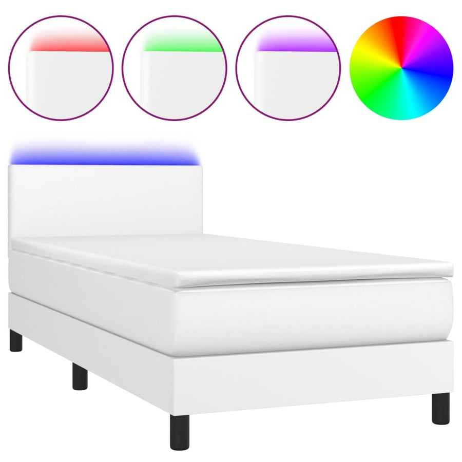 Boxspring Met Matras En Led Kunstleer Wit 90 x 190 cm Effen ontwerp