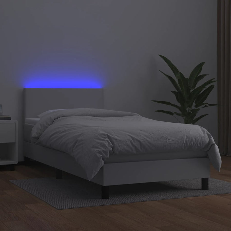Boxspring Met Matras En Led Kunstleer Wit 90 x 190 cm Effen ontwerp