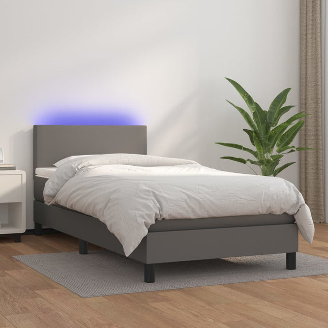 Boxspring Met Matras En Led Kunstleer Grijs 90 x 190 cm Effen ontwerp