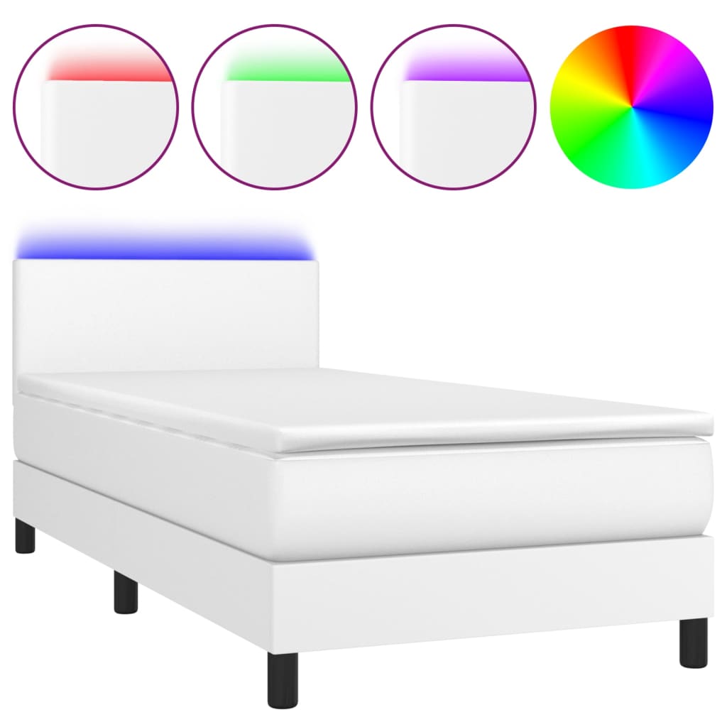 Boxspring Met Matras En Led Kunstleer Wit 90 x 200 cm Effen ontwerp