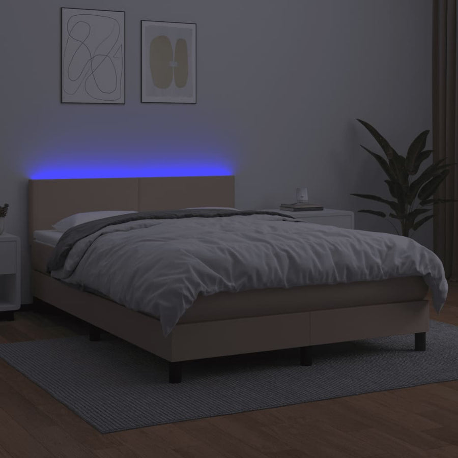 Boxspring met matras en LED kunstleer cappuccinokleur 140x190cm 140 x 190 cm Effen ontwerp