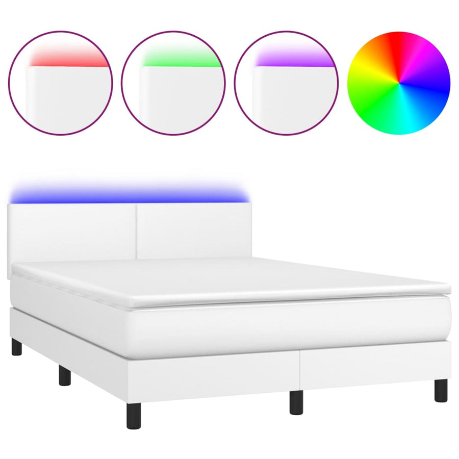 Boxspring Met Matras En Led Kunstleer Wit 140 x 200 cm Effen ontwerp