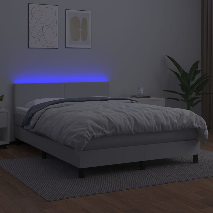 Boxspring Met Matras En Led Kunstleer Wit 140 x 200 cm Effen ontwerp