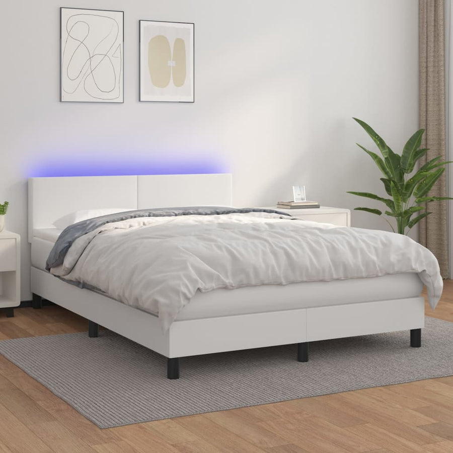 Boxspring Met Matras En Led Kunstleer Wit 140 x 200 cm Effen ontwerp
