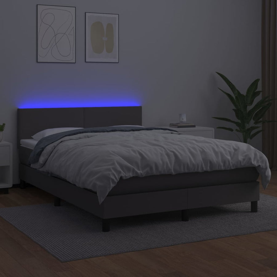 Boxspring Met Matras En Led Kunstleer Grijs 140 x 200 cm Effen ontwerp