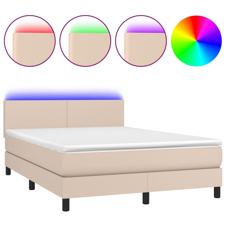 Boxspring met matras en LED kunstleer cappuccinokleur 140x200cm 140 x 200 cm Effen ontwerp