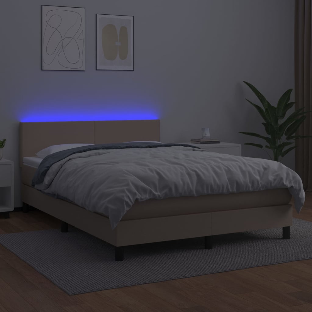 Boxspring met matras en LED kunstleer cappuccinokleur 140x200cm 140 x 200 cm Effen ontwerp