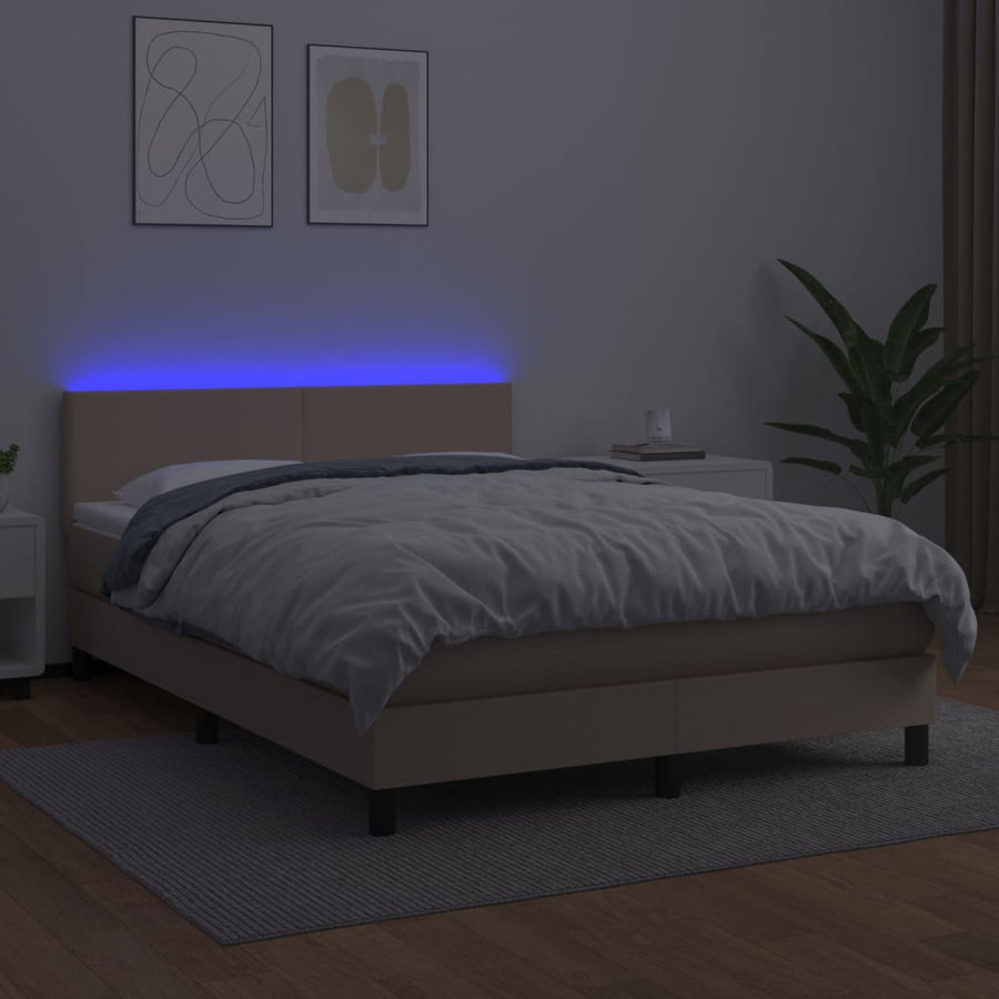 Boxspring met matras en LED kunstleer cappuccinokleur 140x200cm 140 x 200 cm Effen ontwerp