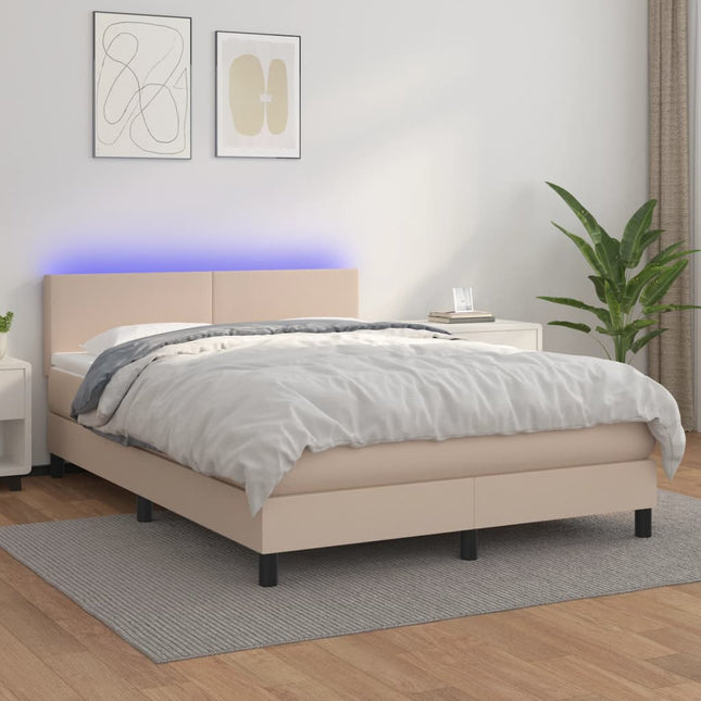 Boxspring met matras en LED kunstleer cappuccinokleur 140x200cm 140 x 200 cm Effen ontwerp