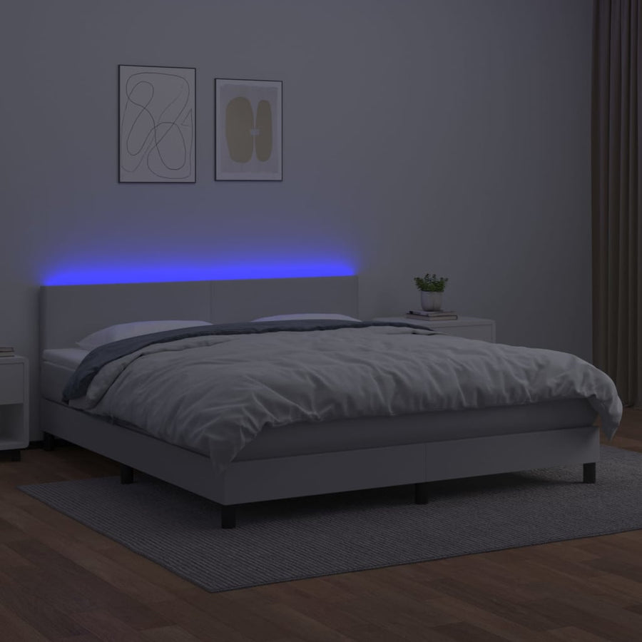 Boxspring Met Matras En Led Kunstleer Wit 160 x 200 cm Effen ontwerp
