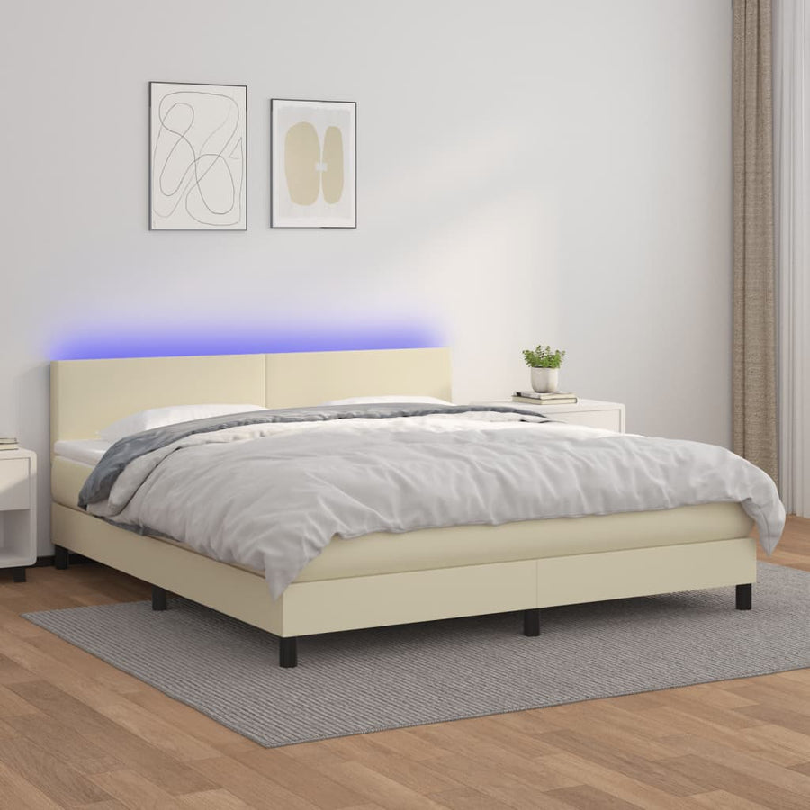 Boxspring Met Matras En Led Kunstleer Crèmekleurig 160X200 Cm 160 x 200 cm