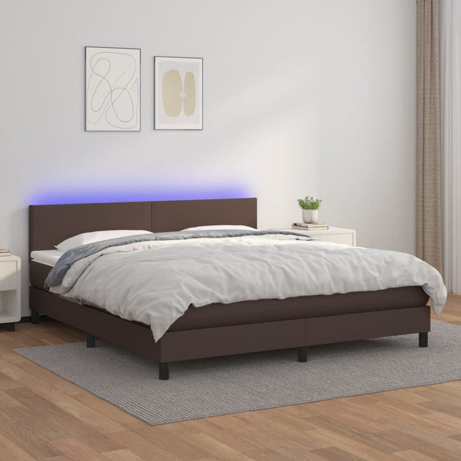 Boxspring Met Matras En Led Kunstleer Bruin 160 x 200 cm Effen ontwerp