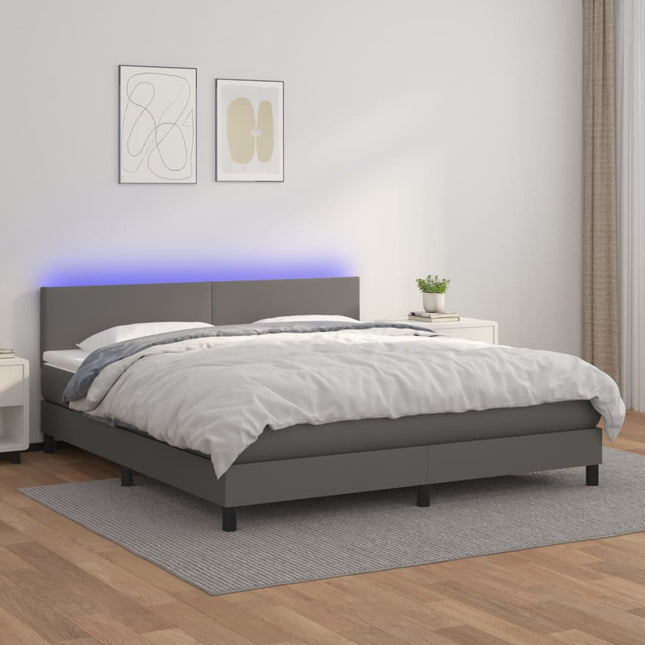 Boxspring Met Matras En Led Kunstleer Grijs 160 x 200 cm Effen ontwerp