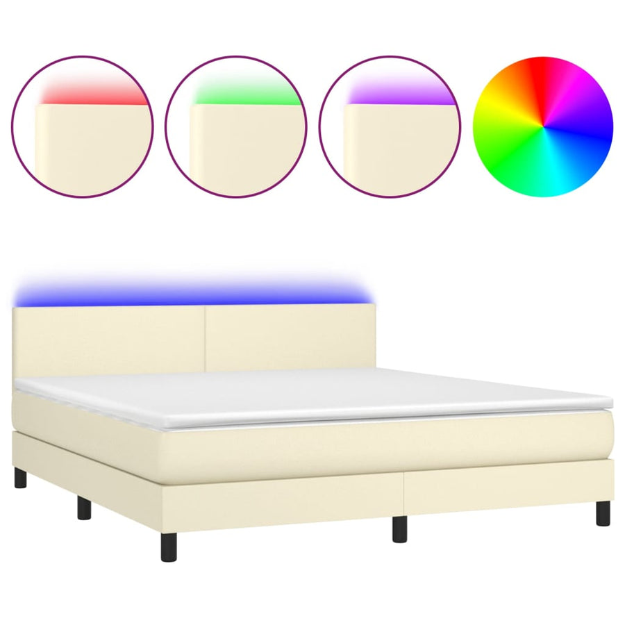 Boxspring Met Matras En Led Kunstleer Crèmekleurig 180X200 Cm 180 x 200 cm