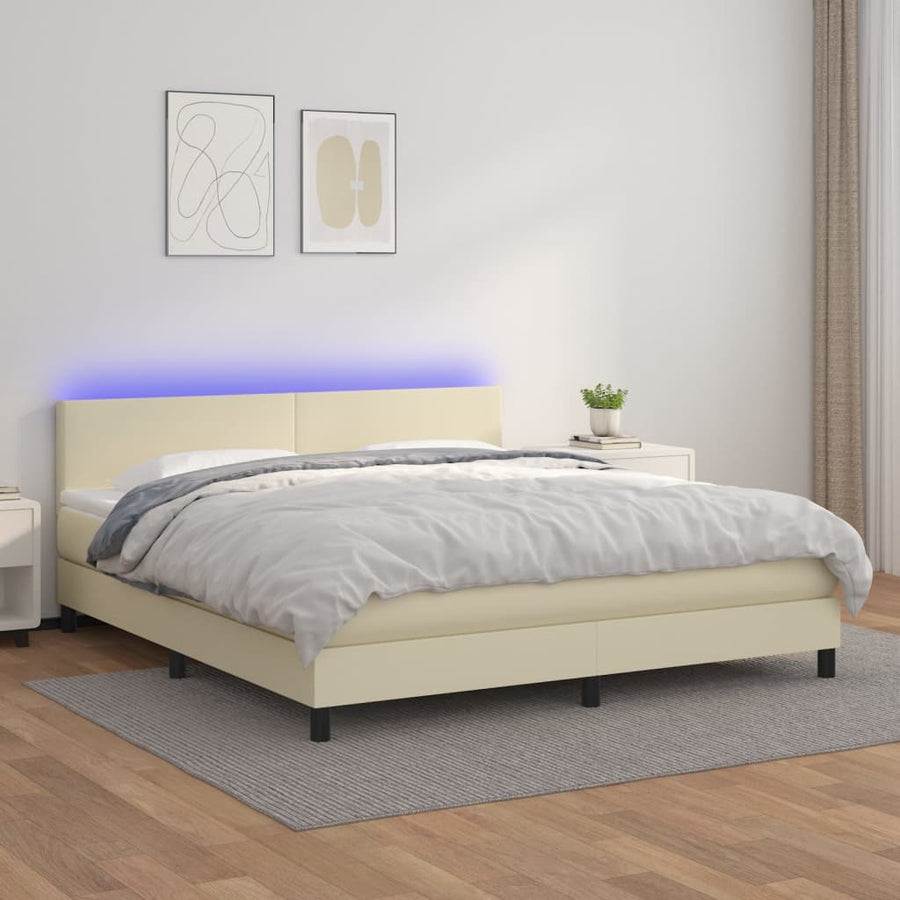 Boxspring Met Matras En Led Kunstleer Crèmekleurig 180X200 Cm 180 x 200 cm