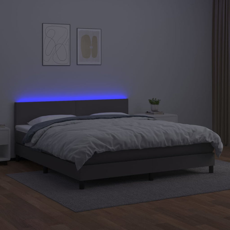 Boxspring Met Matras En Led Kunstleer Grijs 180 x 200 cm Effen ontwerp