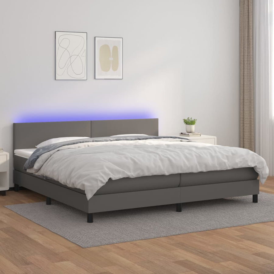 Boxspring Met Matras En Led Kunstleer Grijs 200 x 200 cm Effen ontwerp