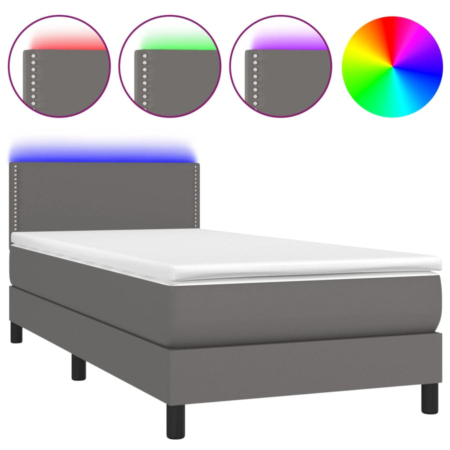 Boxspring Met Matras En Led Kunstleer Grijs 80 x 200 cm Effen met spijkers