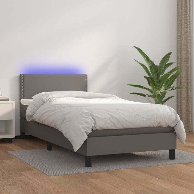 Boxspring Met Matras En Led Kunstleer Grijs 80 x 200 cm Effen met spijkers