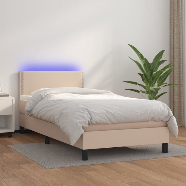 Boxspring Met Matras En Led Kunstleer Cappuccinokleur 90X190 Cm 90 x 190 cm Effen met spijkers