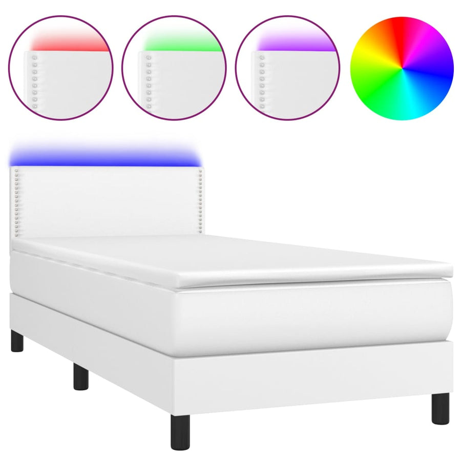 Boxspring Met Matras En Led Kunstleer Wit 100 x 200 cm Effen met spijkers