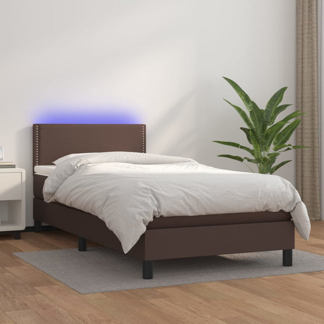 Boxspring Met Matras En Led Kunstleer Bruin 100 x 200 cm Effen met spijkers