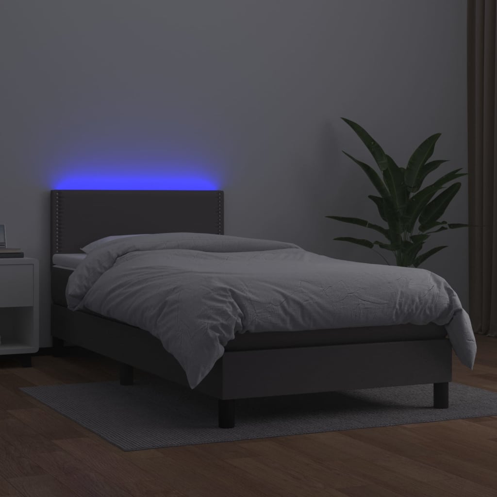 Boxspring Met Matras En Led Kunstleer Grijs 100 x 200 cm Effen met spijkers
