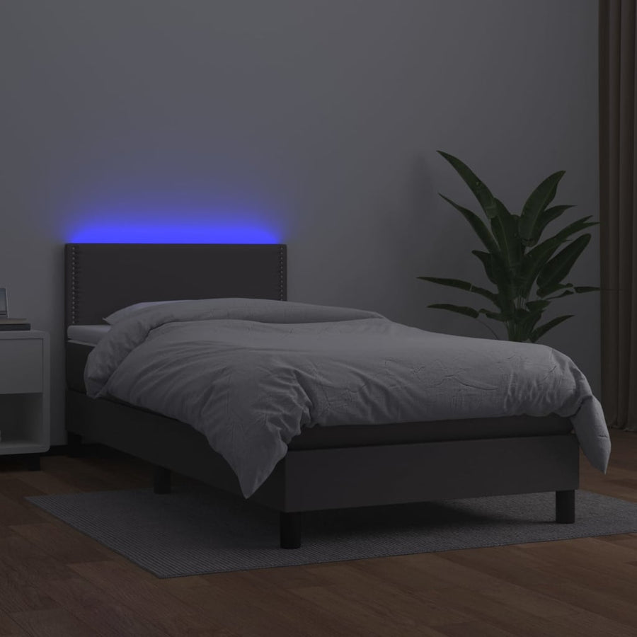 Boxspring Met Matras En Led Kunstleer Grijs 100 x 200 cm Effen met spijkers