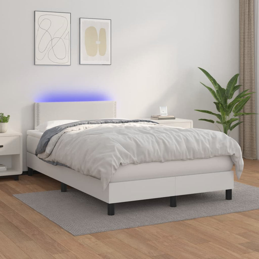 Boxspring Met Matras En Led Kunstleer Wit 120 x 200 cm Effen met spijkers