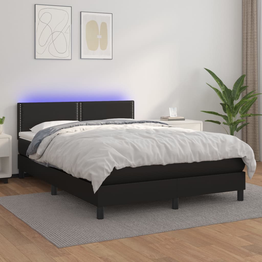 Boxspring Met Matras En Led Kunstleer Zwart 140 x 190 cm Effen met spijkers