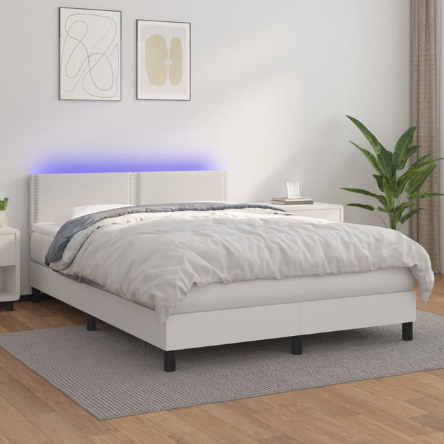 Boxspring Met Matras En Led Kunstleer Zwart Wit 140 x 190 cm Effen met spijkers