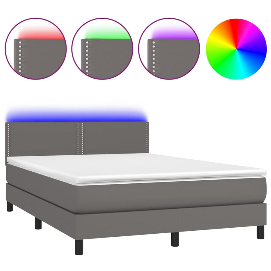 Boxspring Met Matras En Led Kunstleer Grijs 140 x 190 cm Effen met spijkers
