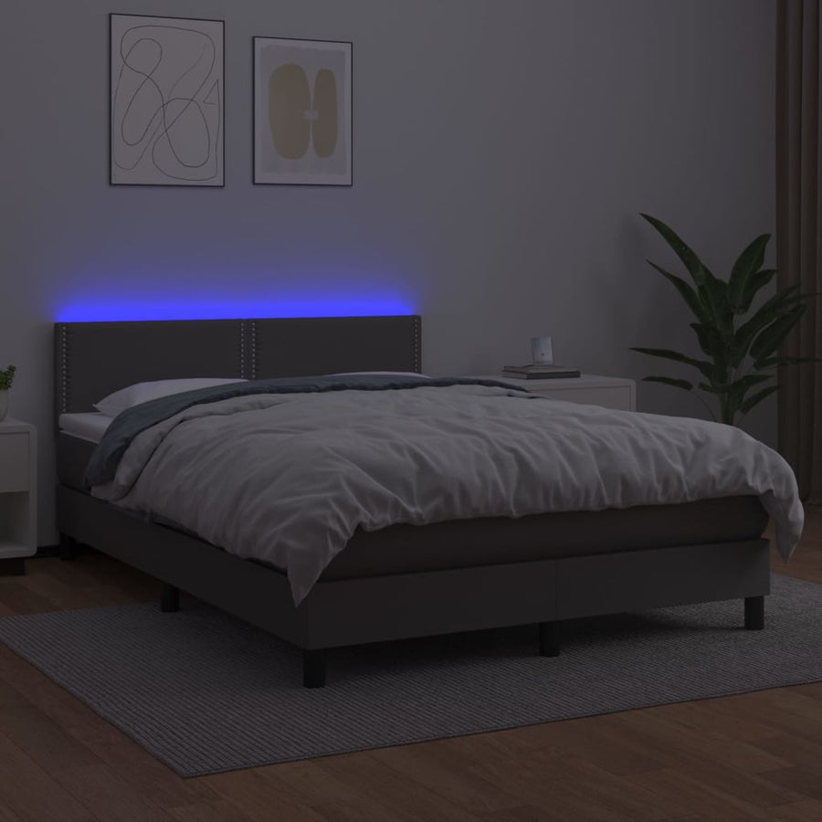 Boxspring Met Matras En Led Kunstleer Grijs 140 x 190 cm Effen met spijkers