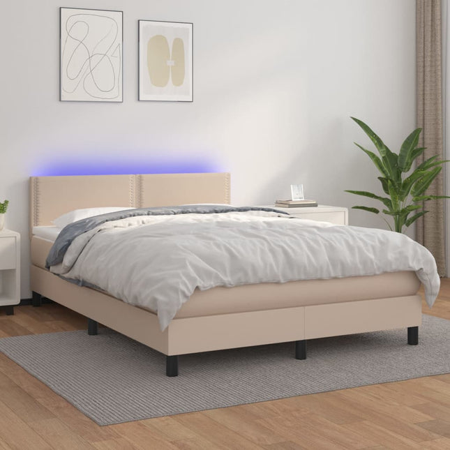 Boxspring met matras en LED kunstleer cappuccinokleur 140x190cm 140 x 190 cm Effen met spijkers