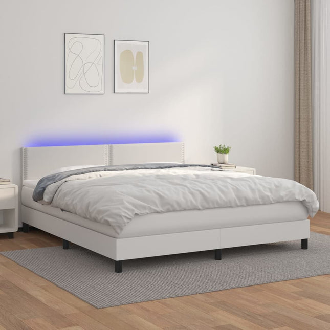 Boxspring Met Matras En Led Kunstleer Wit 160 x 200 cm Effen met spijkers