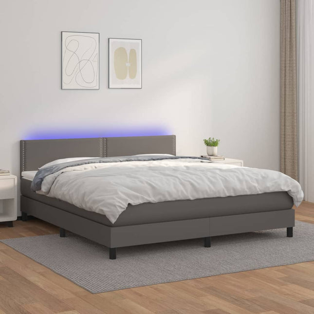 Boxspring Met Matras En Led Kunstleer Grijs 160 x 200 cm Effen met spijkers