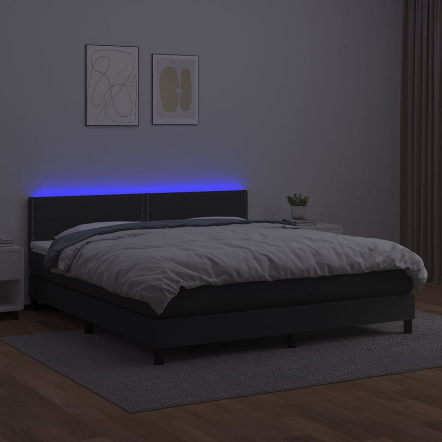 Boxspring Met Matras En Led Kunstleer Zwart 180 x 200 cm Effen met spijkers