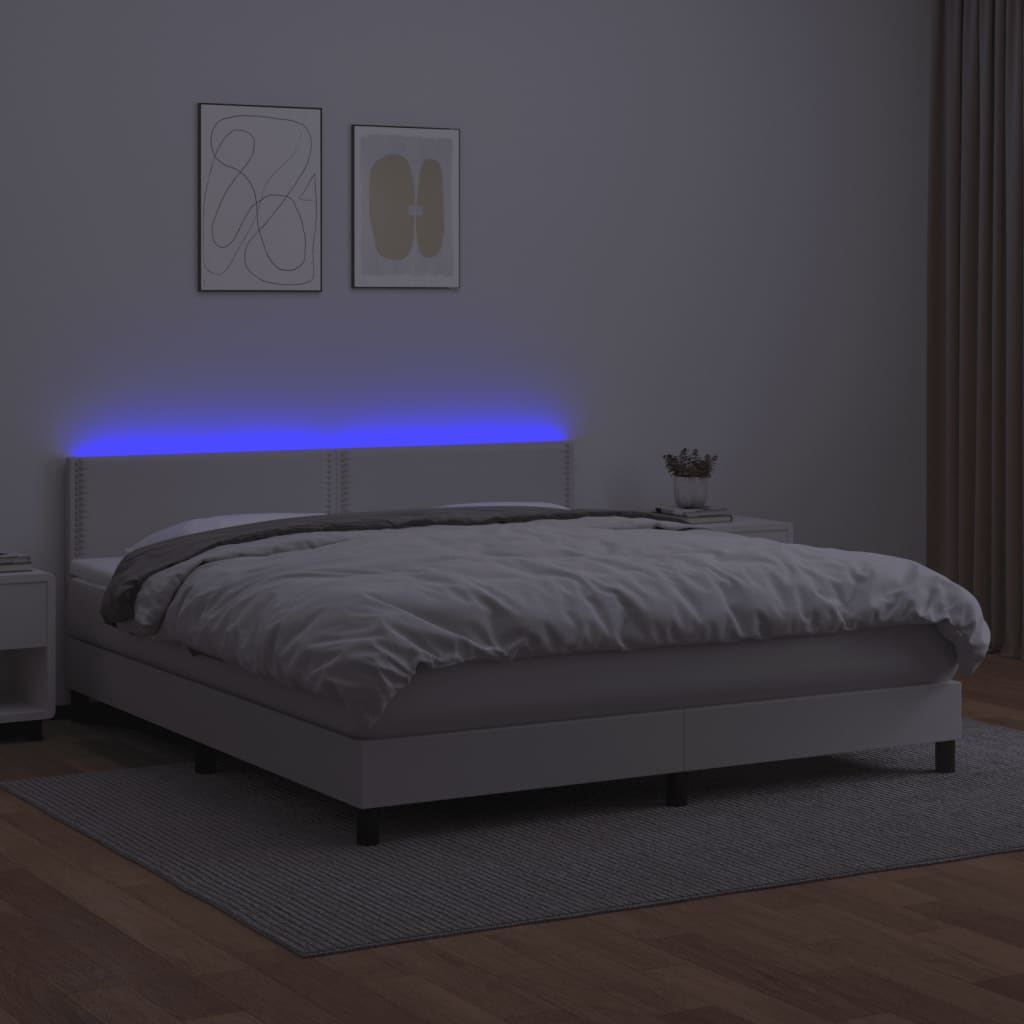Boxspring Met Matras En Led Kunstleer Wit 180 x 200 cm Effen met spijkers