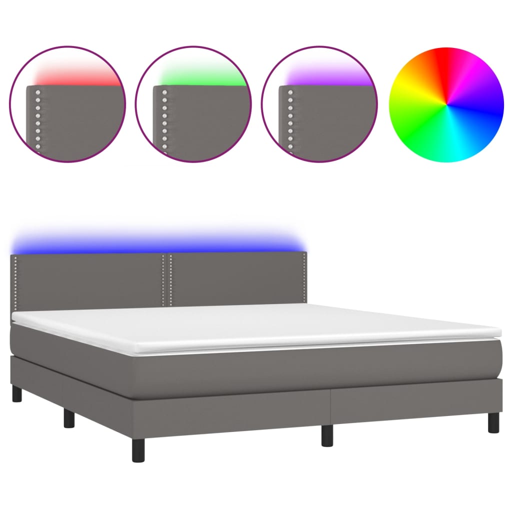 Boxspring Met Matras En Led Kunstleer Grijs 180 x 200 cm Effen met spijkers