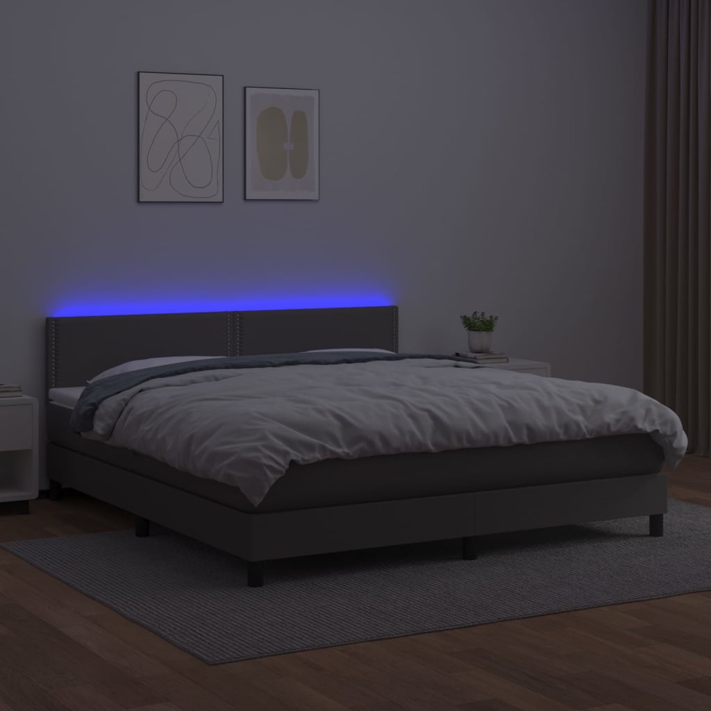 Boxspring Met Matras En Led Kunstleer Grijs 180 x 200 cm Effen met spijkers