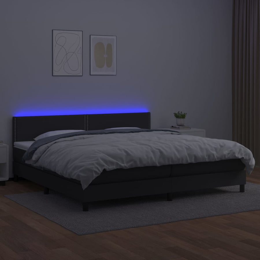 Boxspring Met Matras En Led Kunstleer Zwart 200 x 200 cm Effen met spijkers