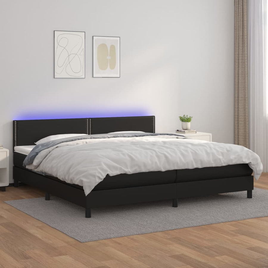 Boxspring Met Matras En Led Kunstleer Zwart 200 x 200 cm Effen met spijkers