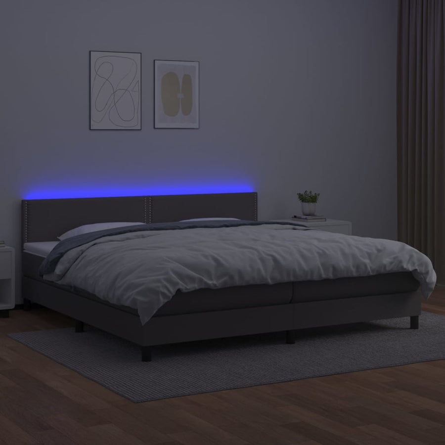 Boxspring Met Matras En Led Kunstleer Grijs 200 x 200 cm Effen met spijkers