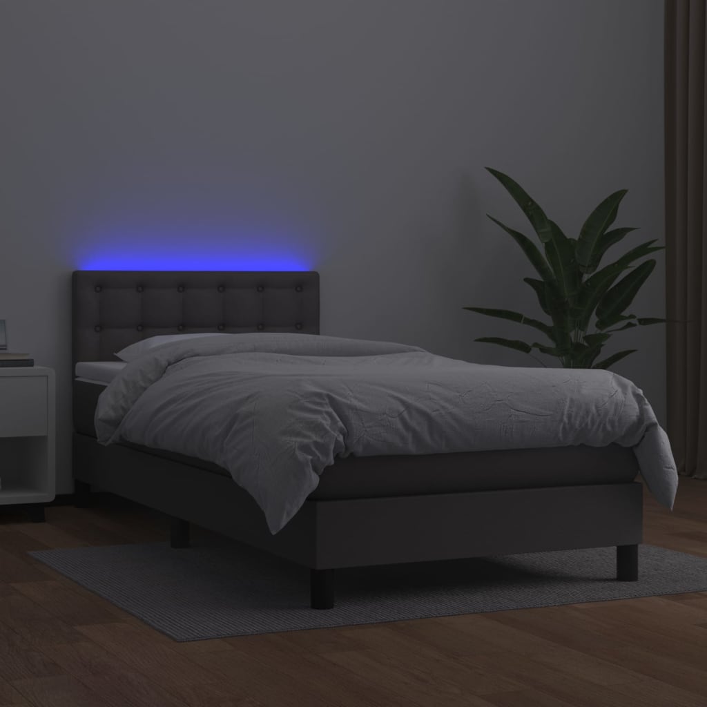 Boxspring Met Matras En Led Kunstleer Grijs 90 x 190 cm Knopen