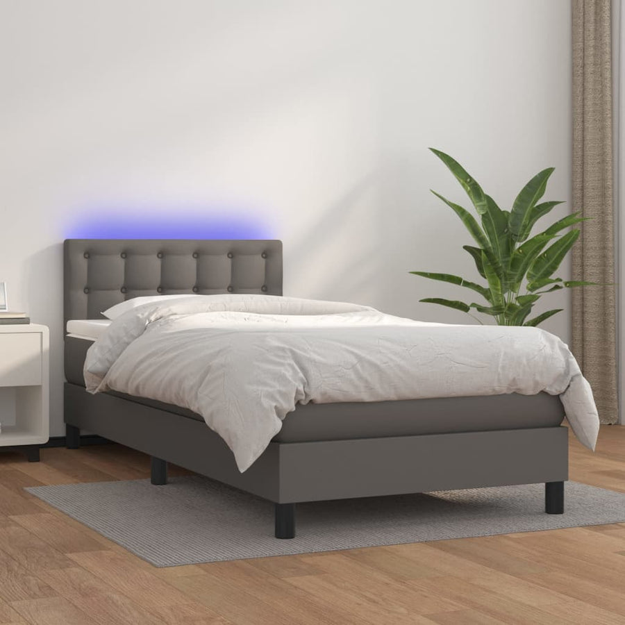 Boxspring Met Matras En Led Kunstleer Grijs 90 x 190 cm Knopen